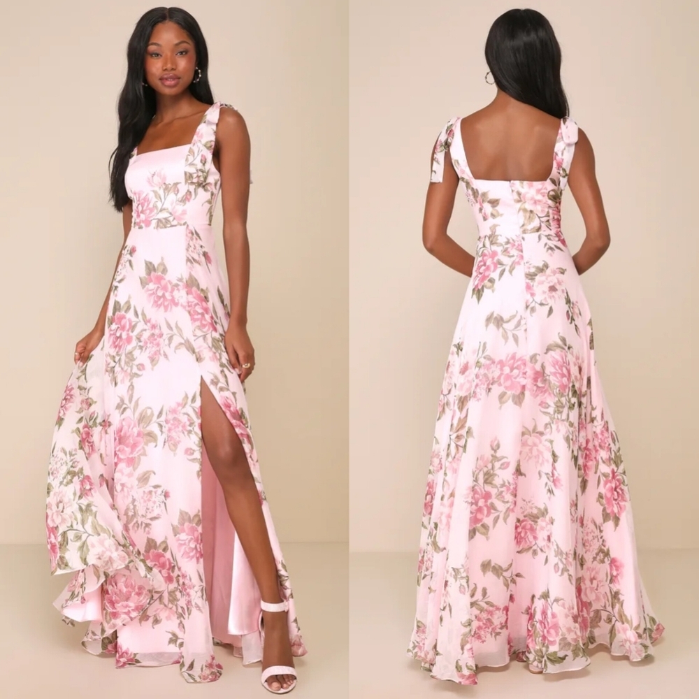 Lulus Love Me Forever Pink Floral Tie-Strap Square Neck Maxi Dress L Wedding